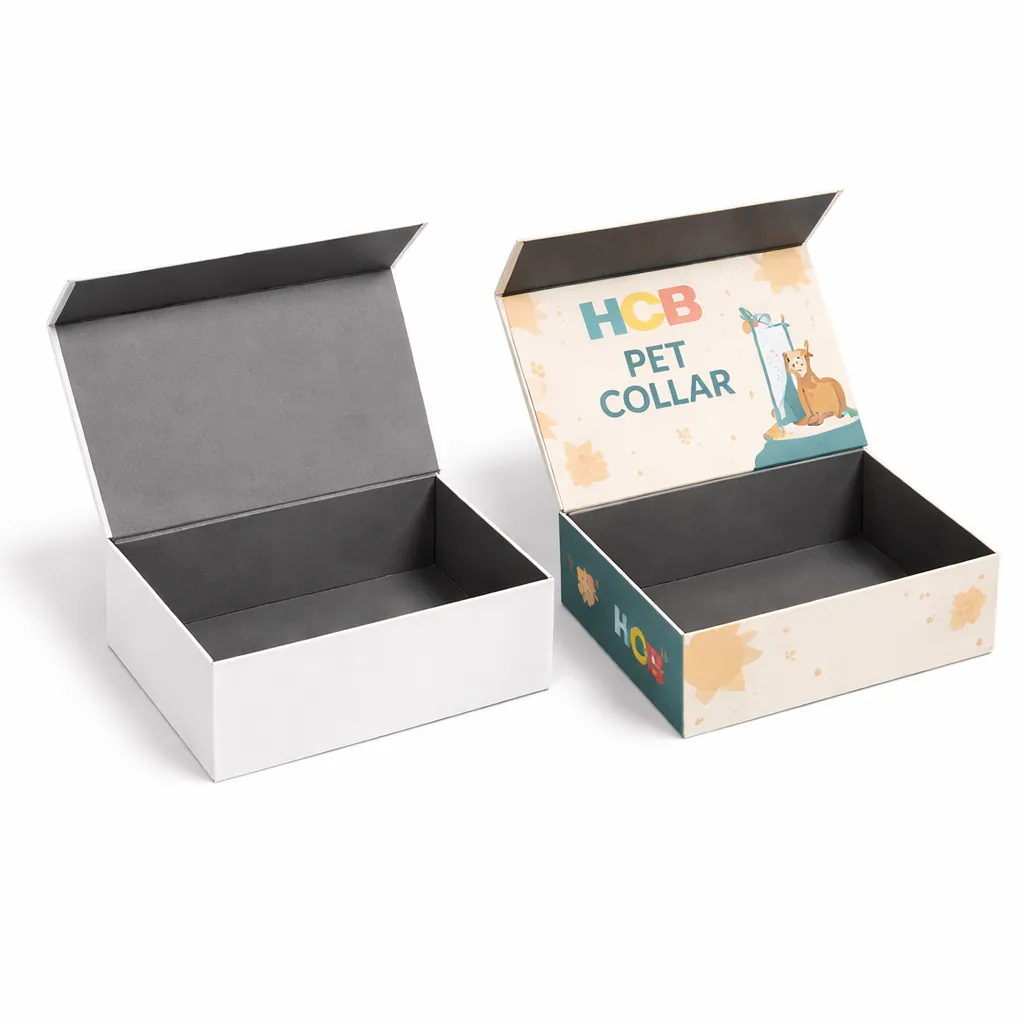 Two premium magnetic-lid gift boxes, including a plain white option and a custom-printed luxury pet box. class=